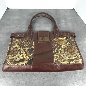 Braciano Brown Faux Leather Floral Tapestry Satchel Bag VTG Style Handbag Granny